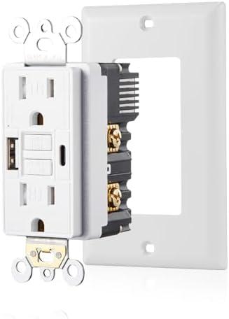 Suplevel 15 Amp Self-Test GFCI Outlet Combination with USB Type A and Type-C, Tamper Resistant Thinner Duplex Outlet, in-Wall, USB Charger for Smartphones, Tablets and Smart Home Appliance, White
