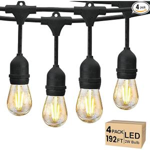 Svater 192 FT Outdoor String Lights 2W, Patio Light for Outside with 64 Antique S14 Plastic LED Bulbs, IP65 Waterproof Hanging Cafe Market Lighting, ETL-Listed Dimmable Warm White (48 FT x 4)