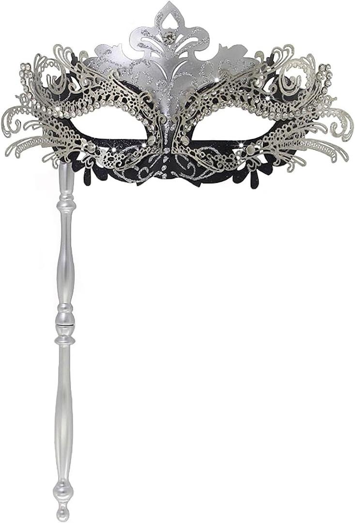 WILOVCOS Womens Masquerade Mask with Stick, Handheld Mardi Gras Mask,Venetian Party Masks (Silver & Black)