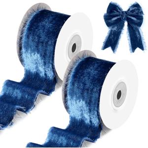 Hotop 12 Yards Frayed Velvet Ribbon, Blue 1.5 Inch Raw Edge Silk Velvet Ribbon Wide Handmade Fringe Fabric Ribbon for Gift Wrapping Bow Making DIY Crafts Party Decoration
