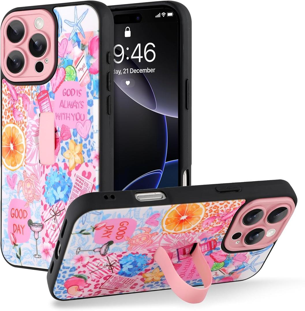 KANGHAR for iPhone 16 Pro Max Case Stand Summer Collage Coastal Full Body Rugged Shockproof Protection Glossy Protective Slim Case 6.9 Inch Pink
