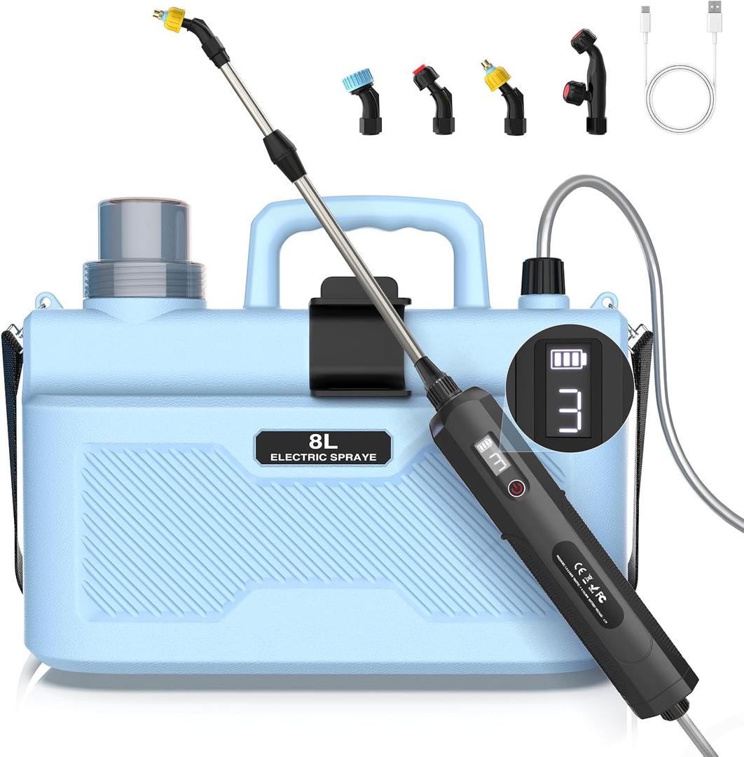 Battery Powered 2 Gallon Sprayer, Electric Weed Sprayer with Battery Indicator, 3 Adjustable Spray Pressure, Telescopic Wand with 4 Mist Nozzles, Rechargeable Handle for Garden, Lawn, Yard