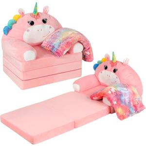 Toddler Couch Comfy Baby Sofa with Blanket Christmas Unicorn Kids Couch Fold Out Soft Toddler Chair for Boys Girls, Convertible Sofa Baby Chair to Lounger for Reading Playing, Pink