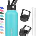 BJPKPK Insulated Water Bottles with Straw Lid, 27oz Stainless Steel Water Bottle with 3 Lids, Leak Proof BPA Free Metal Thermos, Mugs, Tumblers, Keep Cold Hot - Turquoise