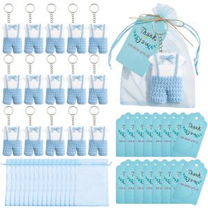 OBUSATT 16 Sets Crochet Baby Shower Favors Bulk Keychain Set with Thank You Cards Organza Bags and Jute Twine Baby Shower Boys Gifts for Guests Boys Birthday Party Supplies Decor (Blue Overalls)
