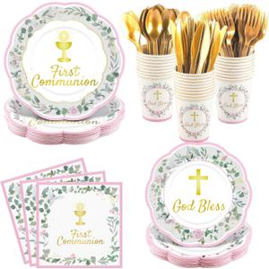 Kochorie 175 Pieces First Communion Decorations Disposable Pink First Communion Paper Plates and Napkins for Holy God Bless Party Supplies Baptism Christening Decoration, Serves 25 Guests