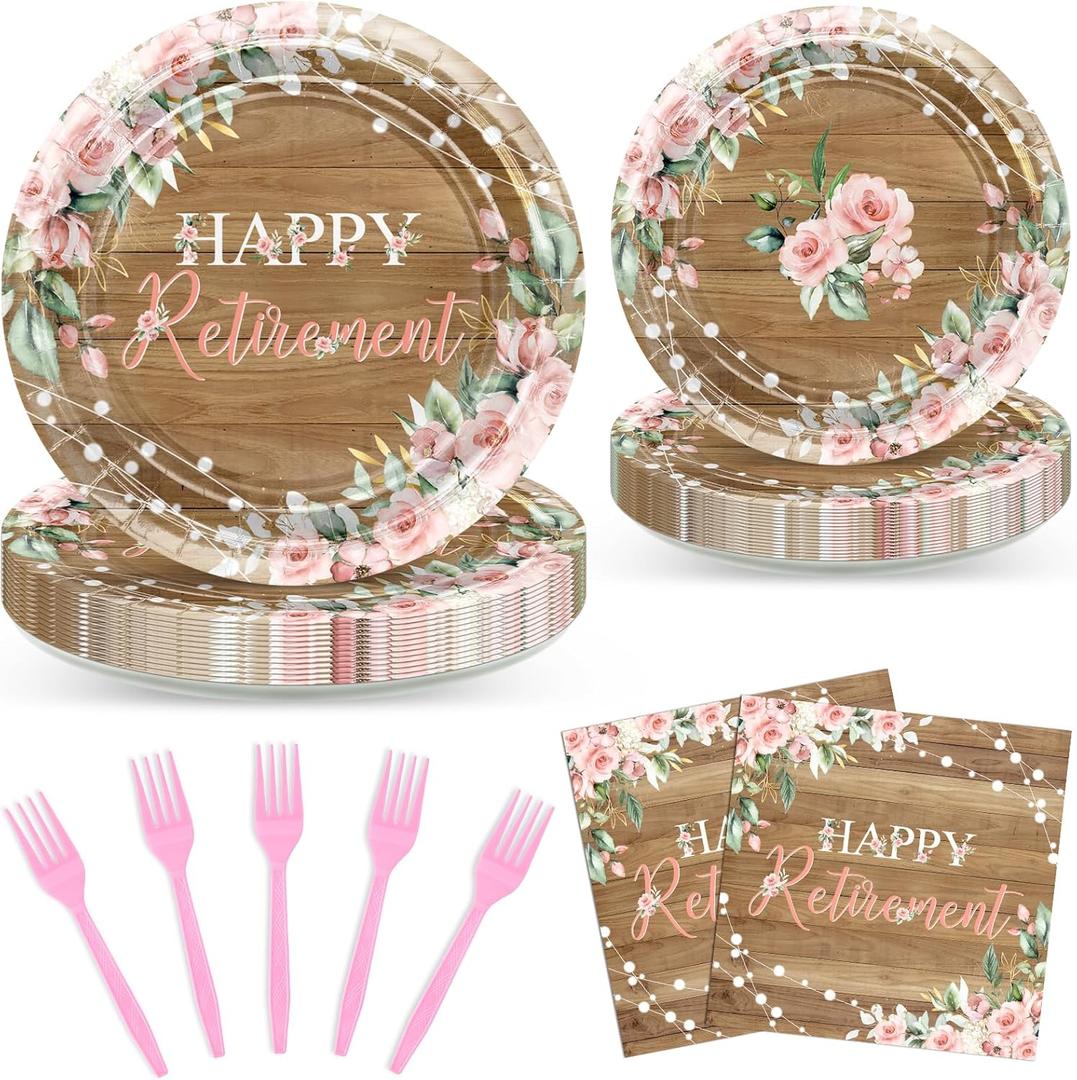 Retirement Party Decorations Rustic Pink Floral Happy Retirement Plates Tableware Women Farewell Party Supplies, Serves 24