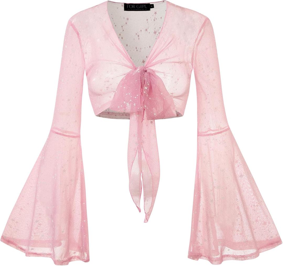 For G and PL Women Tie Front Bell Sleeve Rave Crop Tops Floral Print Hippie Mesh Sheer Shirt (Medium, Sparkly | Pink)