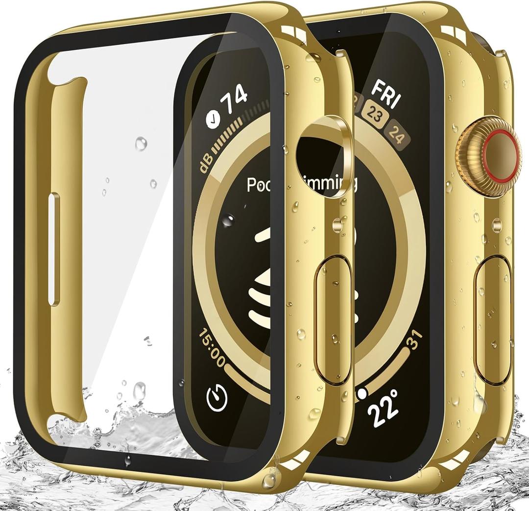 Misxi [2 Pack] Waterproof Hard Case with Tempered Glass Compatible with Apple Watch Series 9 Series 8 Series 7 41mm, Ultra-Thin Cover for iWatch Screen Protector, 1 Gold + 1 Transparent