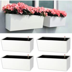 LaLaGreen Wall Hanging Planter Outdoor (4 Pack, 20 Inch) Wall Mounted Self Watering System Window Boxes with Bracket, White Rectangular Plant Pot Flower Box Container Indoor Modern Herb Kitchen Decor