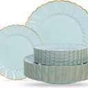 Lullaby 60PCS Sage Green Scalloped Plastic Plates with Gold Rim, Includes 30PCS Dinner Plate 10.25'' and 30 PCS Dessert Plate 7.5'', Green Disposable Plates for Party, Birthdays, Wedding and Daily Use