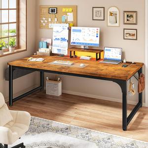 55 x 24 inch Desk, 24mm Thick Heavy Duty Computer Desk with RGB LED & Power Outlets, Gaming Desk with Detachable Stand, 150LBS Load Capacity, Work Gaming Desk for Home Office, Brown