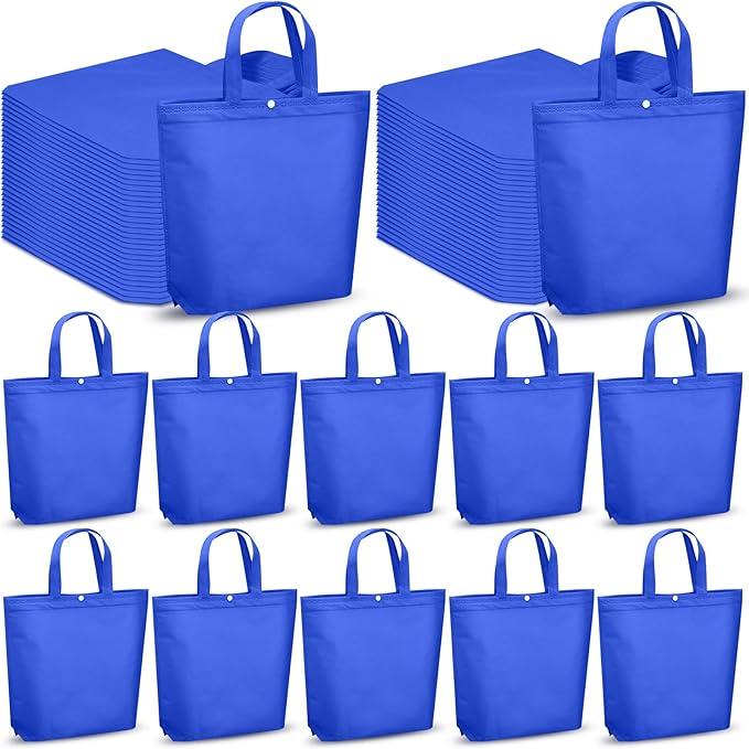 Paterr 100 Pcs Reusable Grocery Bags Bulk Shopping Tote with Handle Non Woven Portable Foldable Tote Bag Gift with Button(Medium,Plain,Dark Blue)