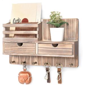 Rebee Vision Farmhouse Key Holder Wall Mount with 2 Drawer Organizer Key and Mail Holder for Wall with 6 Key Hooks & Shelf Home Essentials for Home Decor (Natural Wood)