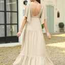Kikibell Women Summer Dresses Sexy V-Neck Maxi Dress Tiered Silhouette with Flutter Sleeve Backless Elastic Waist Flowy Dress (Beige, L)