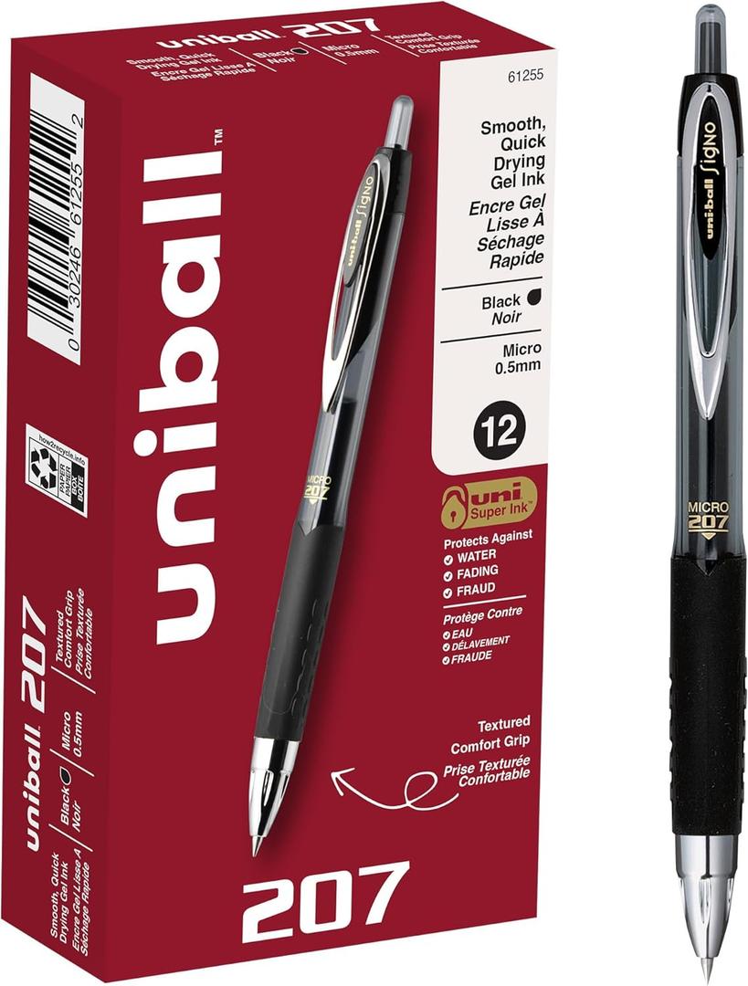 uniball 207 Retractable Gel Pens, Micro Point (0.5mm), Black, 12 Pack