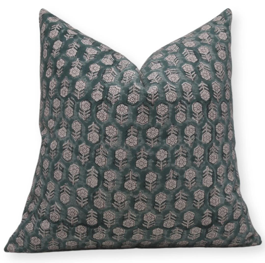 Tulsi Buti Block Printed Pillow Cover For Sofa/Couch Or Bed - Beige and Green, 19 x 19