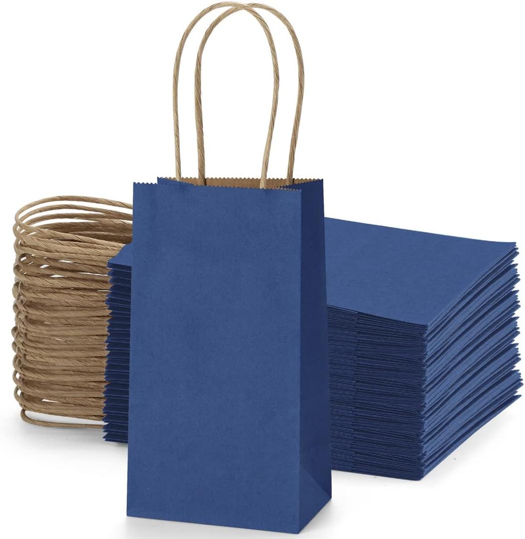 BagDream 50 Pack 3.5x2.4x6.7 Inches Small Kraft Paper Gift Bags with Handles Bulk Mini Party Favor Bags Candy Bags Recyclable Tiny Navy Blue Paper Bag for Samples