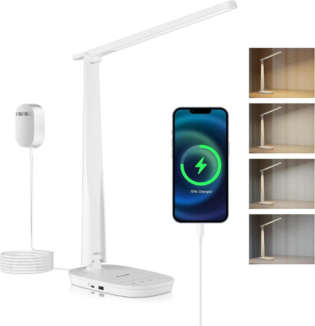 HONEYWELL LED Desk Lamp - HWT-H2 Sunturalux Eye-Caring Foldable Desk Light with USB A+C Dual Charging Port 4 Color Modes Dimmable Table Lamp for Home Office Bedroom Reading Study Work - White