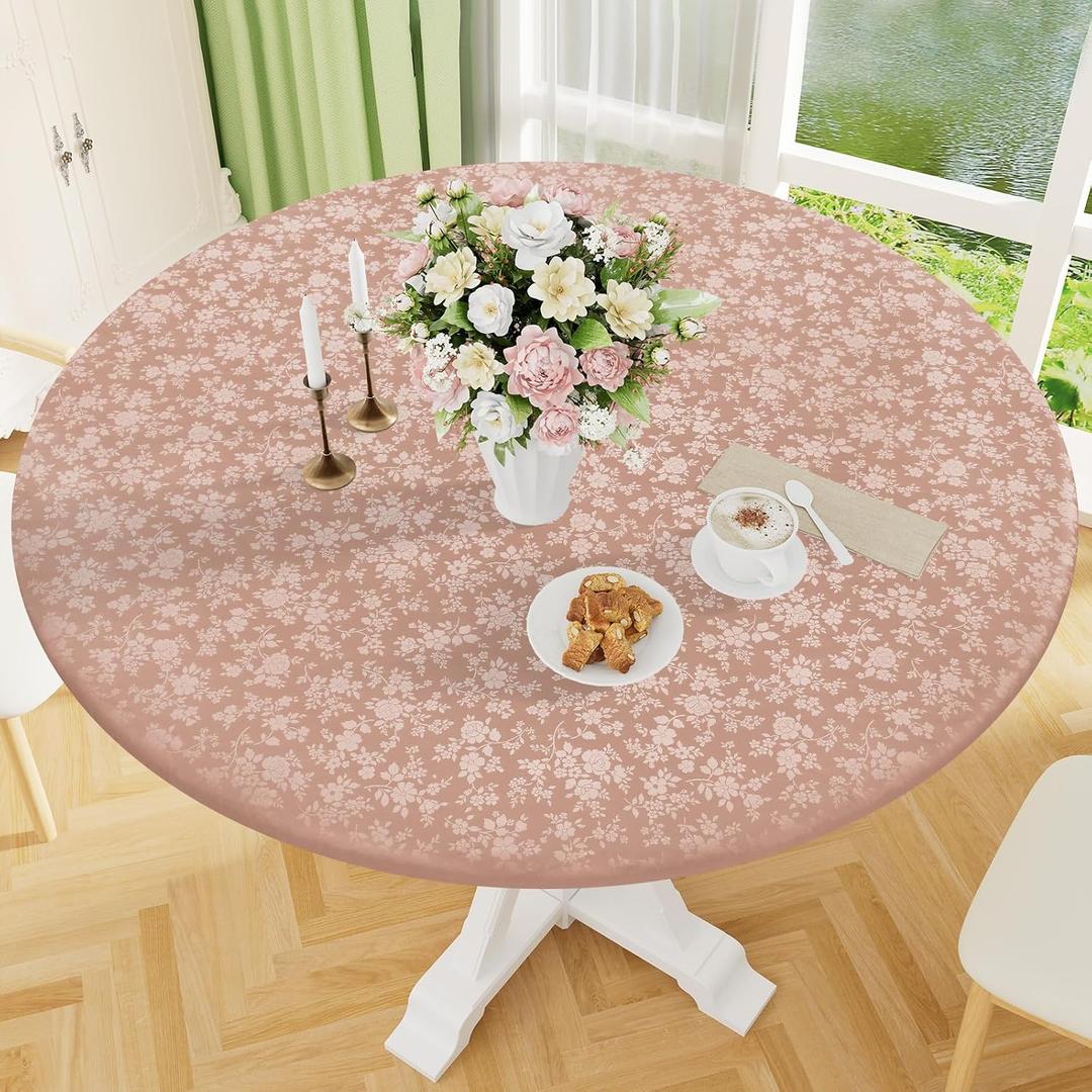Smiry Round Picnic Tablecloth, Elastic Waterproof Fitted Heavy Duty Vinyl Tablecloths for 45"-56" Tables, Wipeable Washable Table Cover for Kitchen, Dining, Camping, Outdoor, Tan