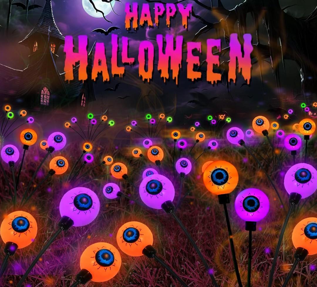 6 Pack Halloween Decorations Outdoor Solar Eyeball Lights, Purple and Orange Scary Eyeball Swaying Firefly Lights with 2 Modes, Waterproof Halloween Pathway Lights for Yard Garden Lawn Party Decor