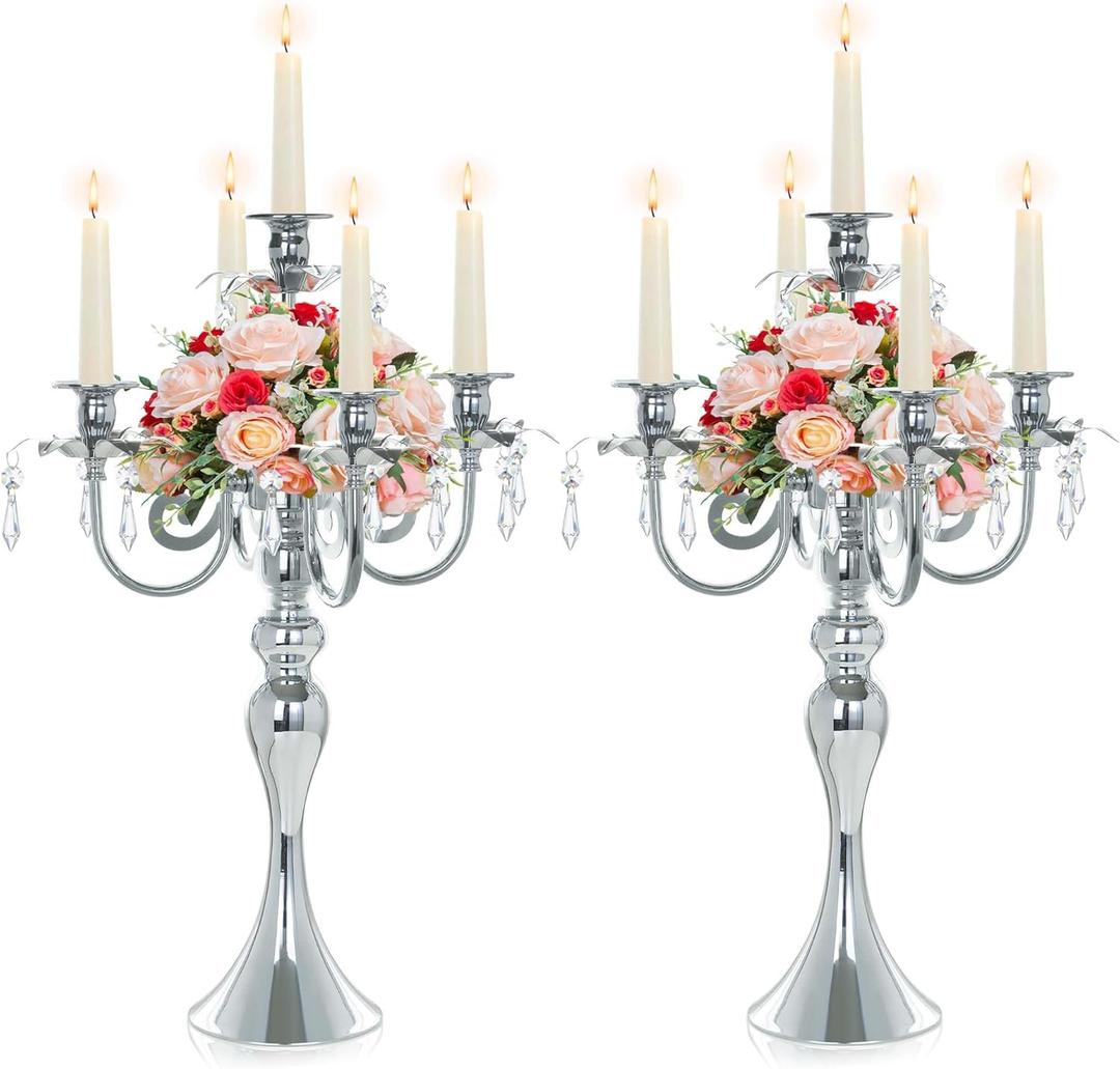2 Pcs 20.3'' Tall 5 Arm Silver Candelabra Centerpiece for Table, Metal Crdystal Candle Holder, Retro Candlestick Table Centerpieces for Party, Events, Home, Wedding Decor (2, Silver)