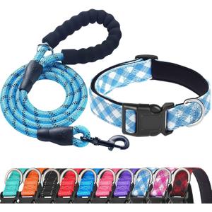 Ladoogo Reflective Dog Collar Padded with Soft Neoprene Breathable Adjustable Nylon Dog Collars for Small Medium Large Dogs (Small (Pack of 1), Vivid Blue Plaid Collar+Leash)