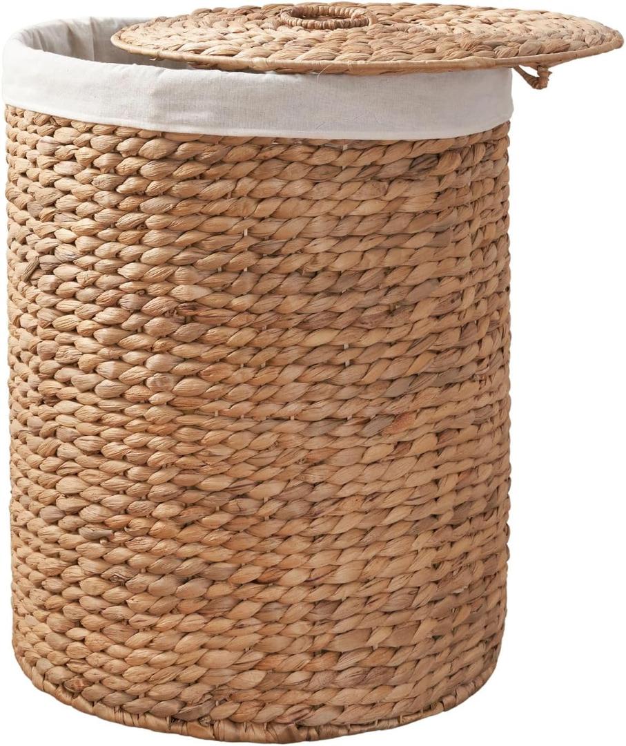 Round Woven Wicker Laundry Hamper with Lid - Large Water Hyacinth Storage Wicker (Natural Brown, 18x18x23 in)