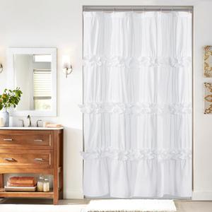 Ruffle Stall Shower Curtain, Vintage Handcrafted Bow Tie Bath Curtain for Master Bathroom, Ruched Microfiber Bathroom Curtain with 8 Buttonholes, 48" W x 72" H, White (LQ-10)