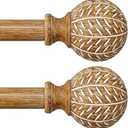 QDWIS 2 Pack Wood Curtain Rods for Windows 48 to 84 Inch,1'' Diameter Drapery Rods with Imitation Wood Grain Leaf Pattern Finials,Boho Adjustable Heavy Duty Curtain Rods Set,36-88'',Color:Natural Wood