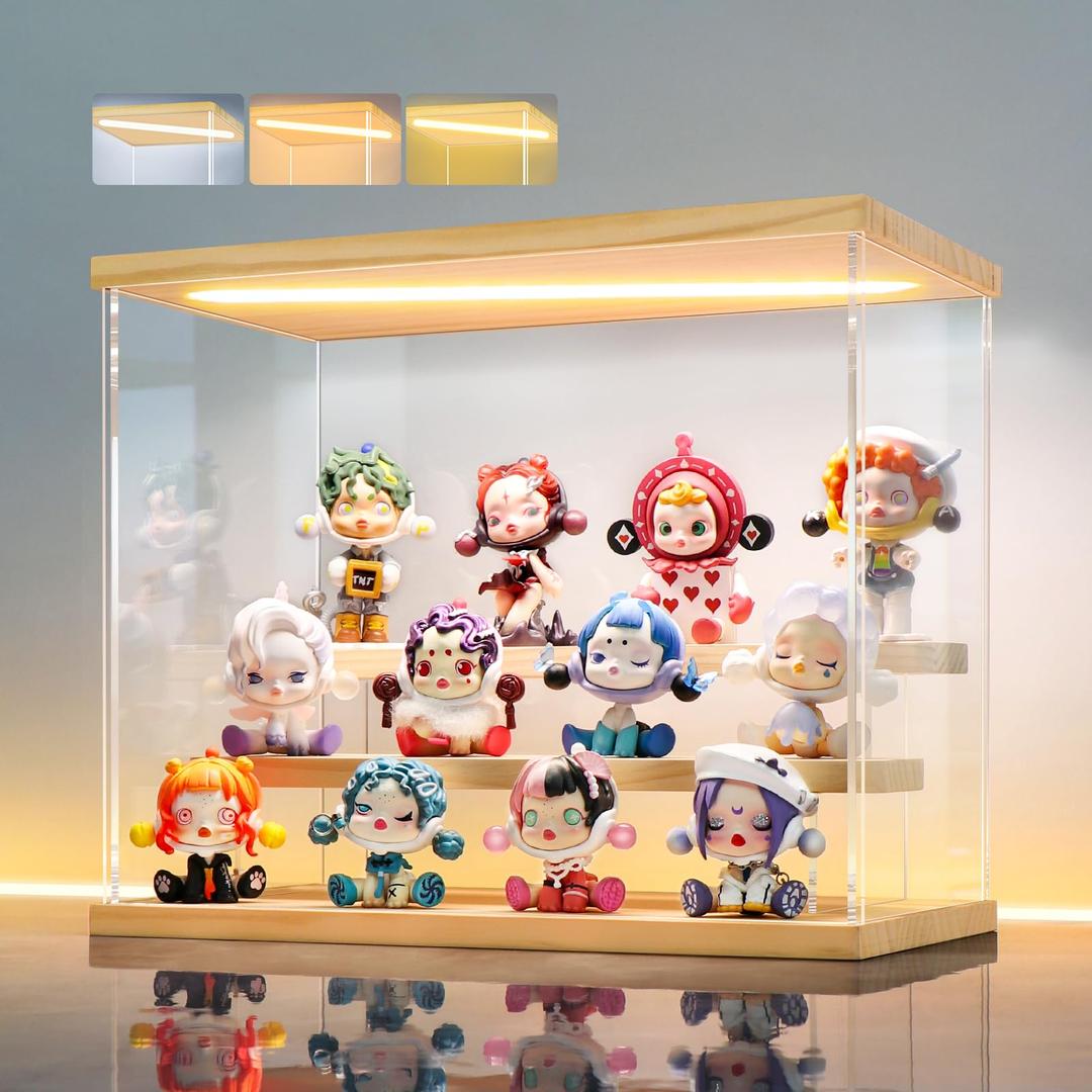 LANSCOERY Acrylic Display Case with 3-Color Light, 3-Tier Wood Display Box, 11.8x6.3x9.4 in, 3mm Clear Panels for Action Figures and Collectibles