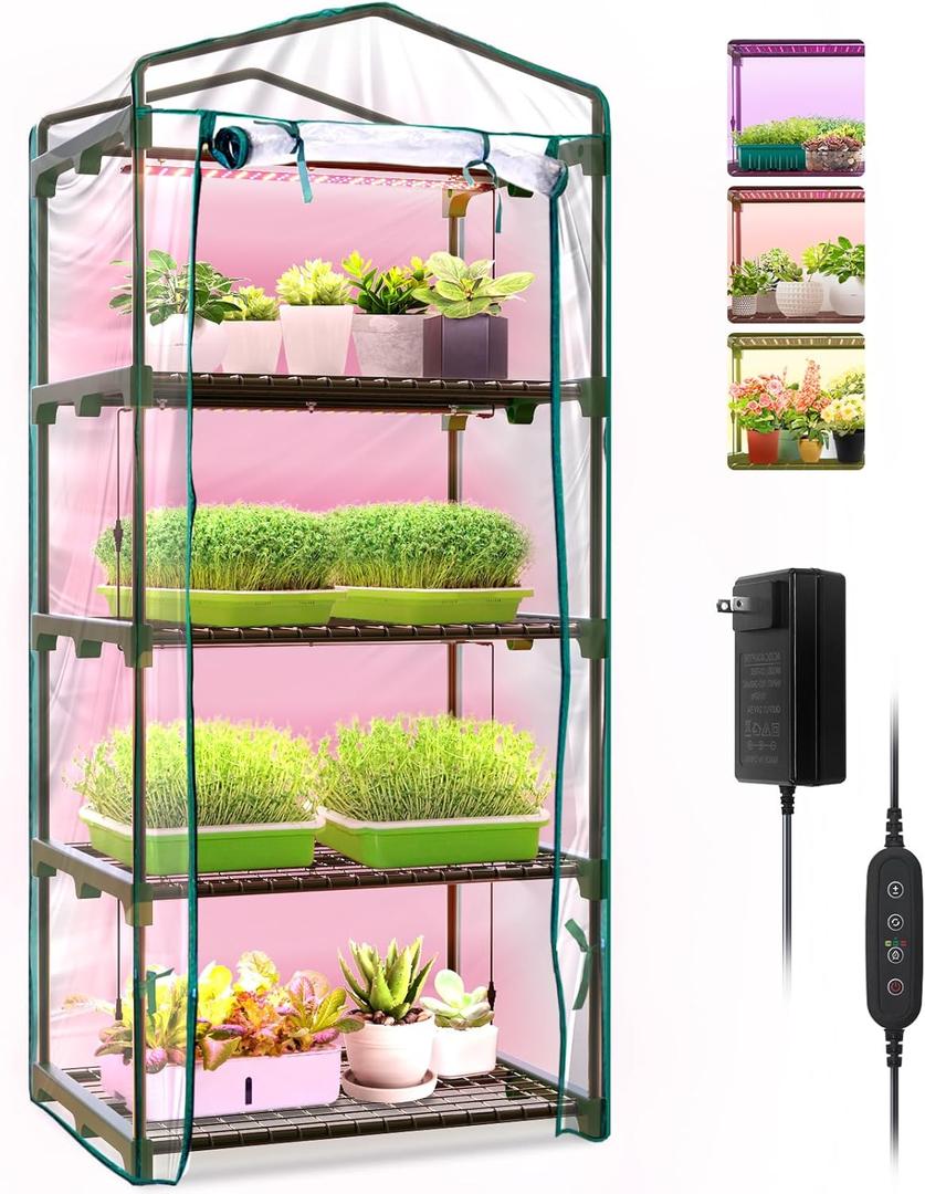 Bstrip Indoor Greenhouse with Grow Lights, 4 Tier 27.2" L19.9" W61.8" H Mini Greenhouse with Zippered PVC Cover for Seed Starting Trays, Dimmable 2FT 60W Plant Light for Indoor Plants with Timer