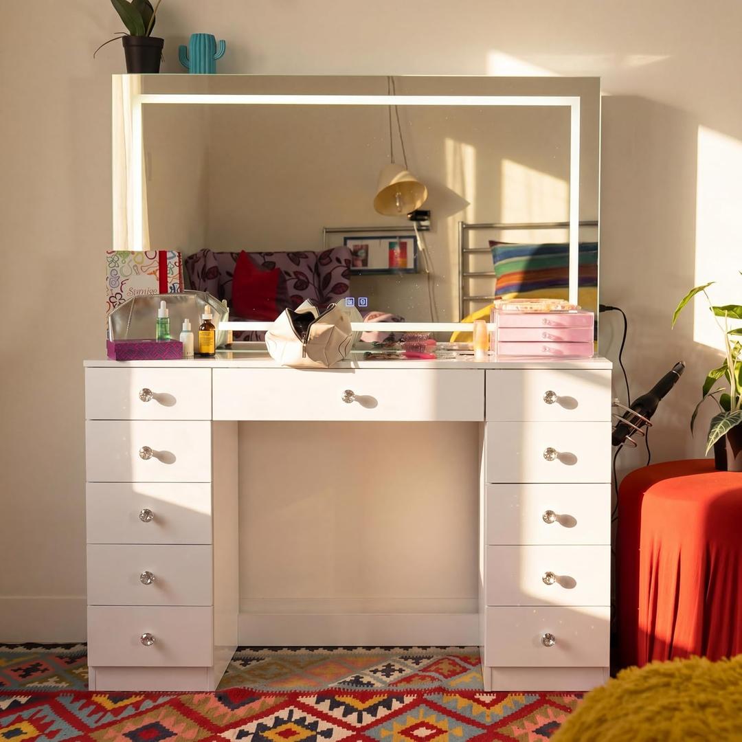 Boahaus Amelia Vanity Desk with LED Mirror Complete Makeup Station with 11 Drawers, Integrated Power & Built-in Speakers, 56.10" H X 46.46" W X 14.69" D