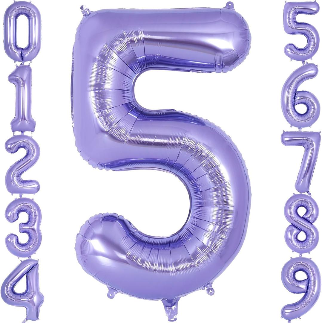 Purple Number 5 Balloon 40 Inch, Big Large Foil Helium Number Balloons, Jumbo Giant Mylar Number 5 Balloons for 5 Year Old Birthday Party Decorations Supplies Anniversary Celebration