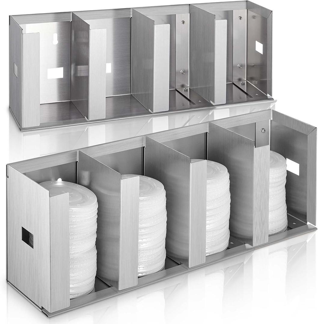 Hicarer 4 Compartments Stainless Steel Cup Dispenser with Adjustable Dividers Silver Cup and Lid Holder Lid Organizer Storage for Cabinet Kitchen Cafe Tea Shop Restaurant, Silver