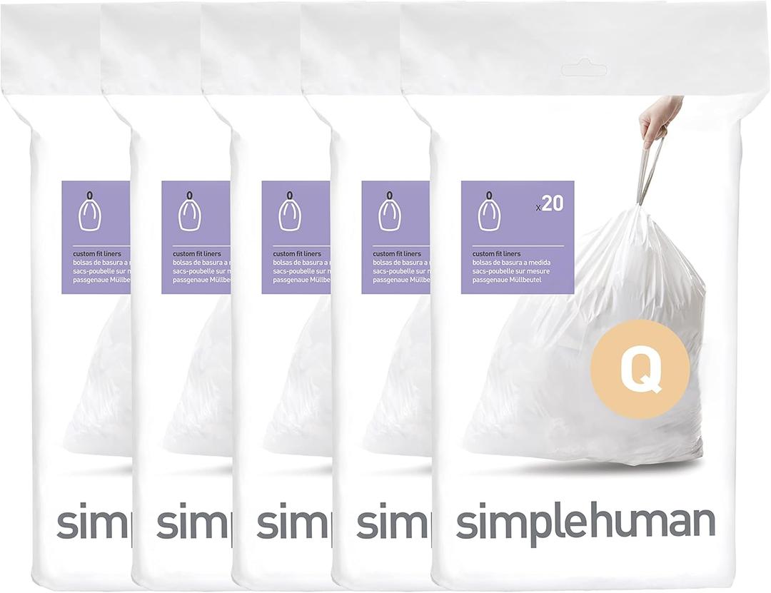 simplehuman Code Q 100 Count, Dispenser Pack Custom Fit Liners, Drawstring Trash Bags, 50-65 Liter / 13-17 Gallon, White
