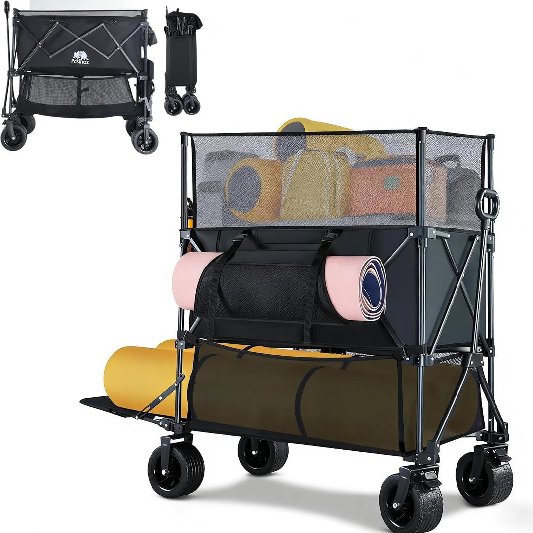 460L Folding Wagon Cart, Heavy Duty Double Decker Wagon, 600 lbs Capacity
50" Extended Storage, Height Extension Nets & All-Terrain Wheels for Camping, Beach, Fishing and Outdoor Adventures