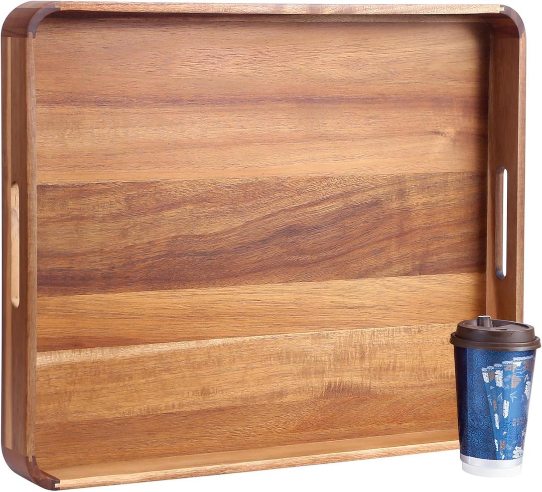Decent Vrvege Large Wooden Ottoman Tray, Great 22"x18" Rectangle Trays for Big Ottoman Counter, Huge Kitchen Wood Serving Tray Round Corner, Living Room Coffee Table Decor Centerpiece Organizer Trays