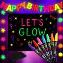 AmazingSpark Neon Birthday Party Decorations, DIY Glow in The Dark Party Supplies Include 8 Neon Fluorescent Pens, 3 Happy Birthday Banner Glow Dots, and 1 Black PVC Background