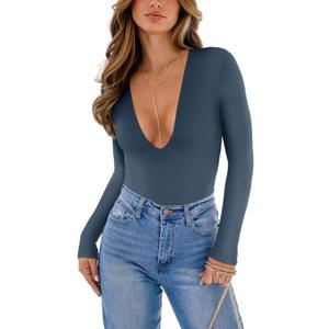 REORIA Womens Sexy Casual One Piece Bodysuit Jumpsuit Y2k Fashion Deep V Neck Long Sleeve Bodycon Tops Star Blue, Small
