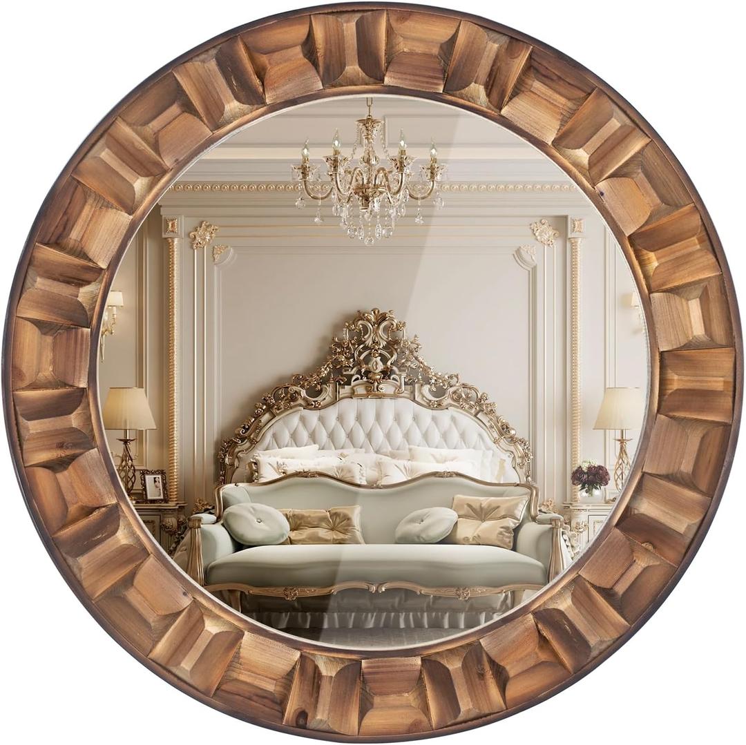 36 Inch Large Round Solid Wood Wall Mirror - Rustic Farmhouse Dark Brown Wooden Circle Mirror for Bathroom, Living Room, Entryway & Wall Decor