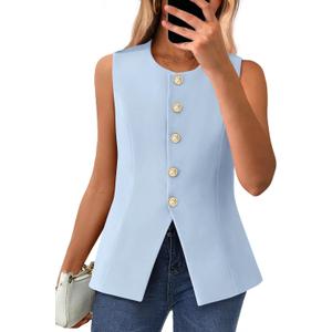 BTFBM Summer Sleeveless Blazer Vest For Women Dressy Button Down Round Neck Business Casual Outfits Work Suit Vests Tops (Blue, S)