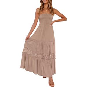 ZESICA Women's 2025 Summer Bohemian Strapless Off Shoulder Lace Trim Backless Flowy A Line Beach Long Maxi Dress (Pink)
