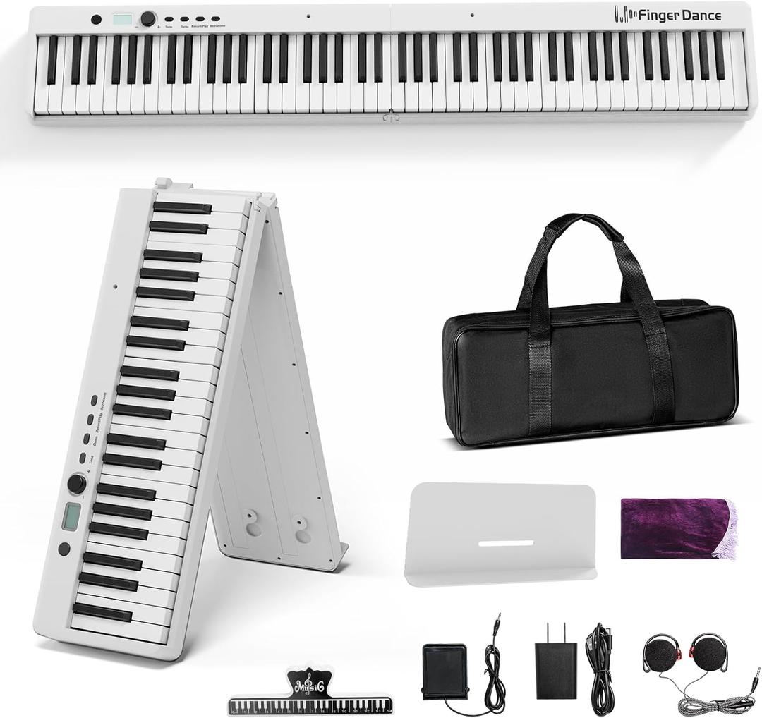 Finger Dance Folding Piano Keyboard 88 Keys, Portable Electric Keyboard with Bluetooth MIDI, Full Size Digital Piano, Wood Grain, Semi-Weighted, Touch Sensitive, with Storage Bag for Beginner