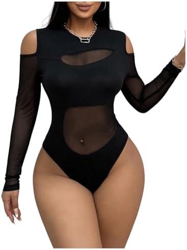 WDIRARA Women's Cold Shoulder Long Sleeve Bodysuit Sheer Mesh Jumpsuit Sexy Leotard Tops, Medium