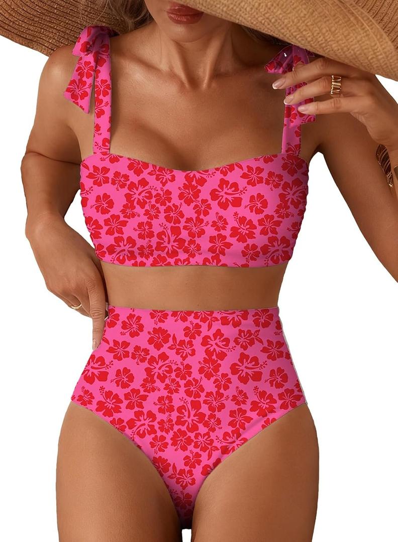 Herseas Women's Tie Shoulder Bikini Sets 2 Piece Striped Swimsuits High Waisted Bathing Suits (Red, M)