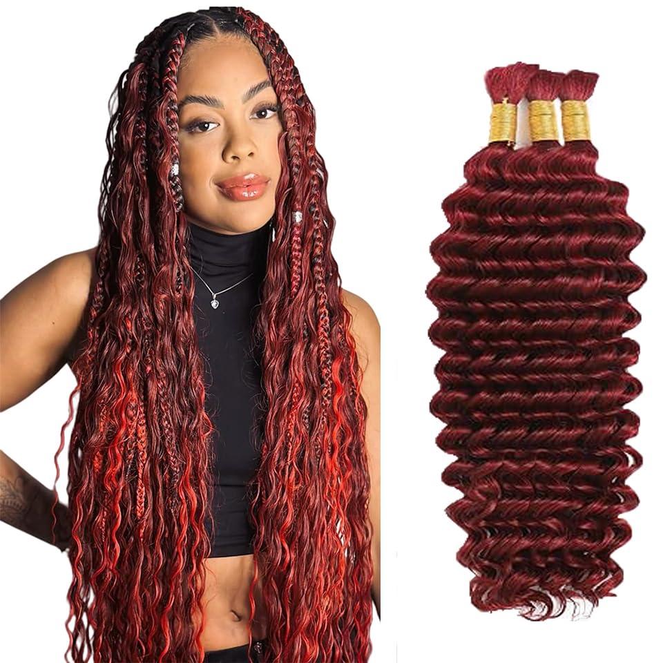 99J Burgundy Braiding Human Hair for Boho Braiding Human hair 3 Bundles 24 24 24 Inch Wine Red Deep Wave Boho Hair for Bulk Braiding Knotless Bohemian Hair Extensions150g
