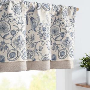 jinchan Linen Valance Kitchen Curtain for Windows Double Layer 16 Inch for Living Room Bedroom Window Treatment Light Filtering Vintage Rustic Farmhouse Cottagecore Rod Pocket 1 Panel Blue on Beige