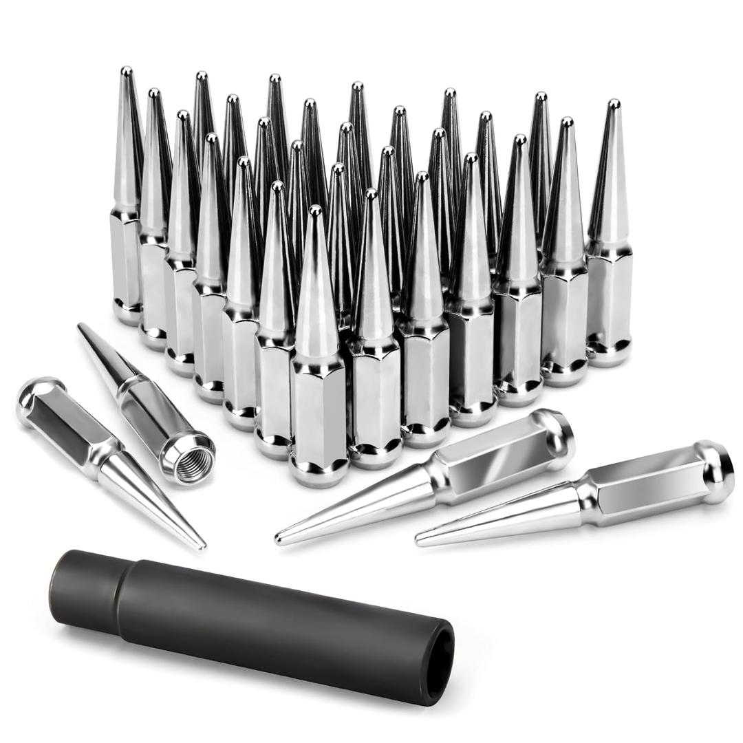 KSP M14X1.5 Spike Lug Nuts, 32PCS Chrome 14mmx1.5 Wheel Spiked Lug Nut for Silverado Sierra 1500 2500 3500 F150 F250 F350, 19mm Hex Closed End Nut with 1 Socket for Aftermarket Wheel