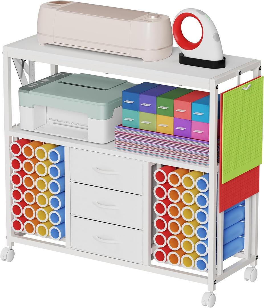48 Vinyl Roll Holders for Cricut Cart, 32"W Large Craft Cart with 3 Fabric Drawer, Craft Organization and Storage Compatible with Cricut Maker Machine, Crafting Table Workstation, White,Patent Pending
